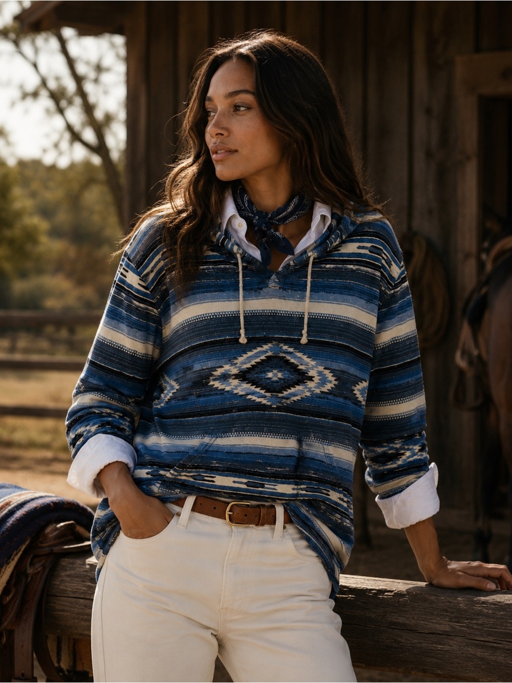 NWOT Polo by Ralph Lauren Blue & Cream Aztec-Stripe Sportsman Hooded Sweatshirt